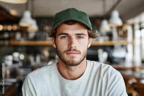 A bearded man in casual attire featuring a cap and t-shirt, sitting in an urban cafe, capturing a blend of modern city life and relaxed atmosphere.