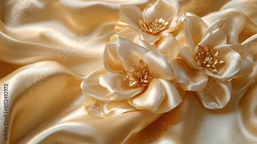 Golden Satin Flowers on Silk Fabric