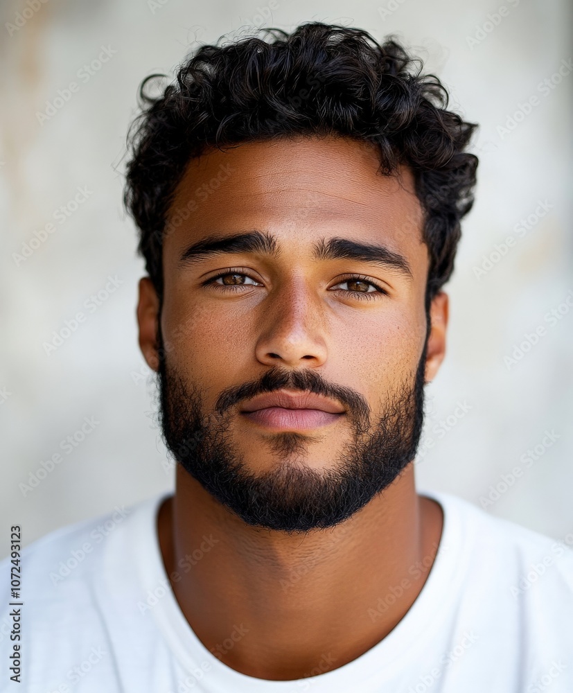 A portrait of a man with a well-groomed beard and deep, thoughtful eyes, wearing a white shirt, representing contemplation, depth, and masculinity in a soft setting.