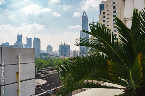 View of Shanghai's skyline featuring the Shanghai World Financial Center, modern skyscrapers, and a large palm frond under a partly cloudy sky. photo