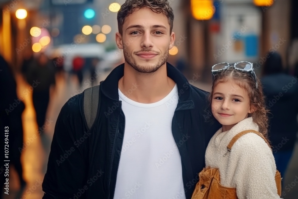 A smiling man embraces a cheerful child, both dressed warmly, in a lively street with blurred city lights and people, capturing familial love and urban life essence. A smiling man embraces a cheerful child, both dressed warmly, in a lively street with blurred city lights and people, capturing familial love and urban life essence.