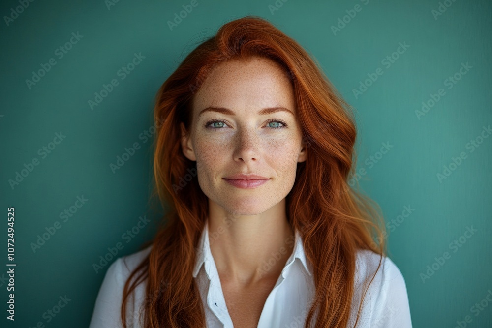 Fototapeta premium A natural redhead woman smiles warmly in front of a muted green background, capturing beauty, warmth, and individuality in a fresh, contemporary photography style.