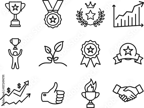 Success Achievement Icons Set Trophy Star Growth