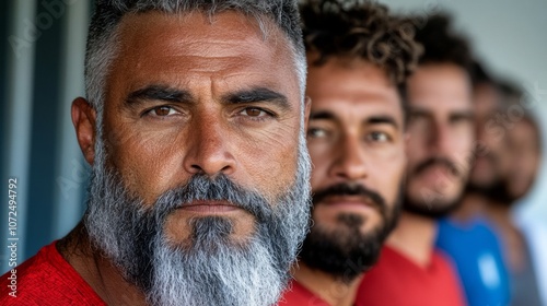 Men in athletic clothing stand in a row, showcasing diverse expressions during a training session in a sports facility photo