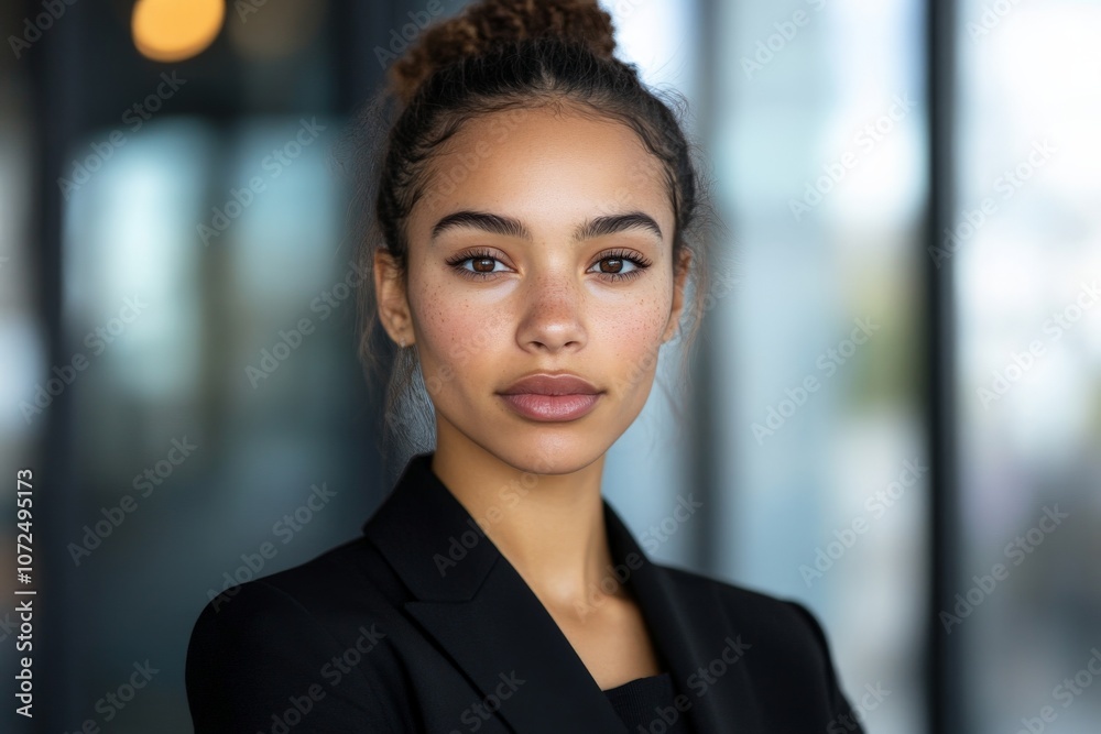 A confident young woman with curly hair in a black blazer stands indoors, exuding self-assurance and professionalism, framed by a modern office space. A confident young woman with curly hair in a black blazer stands indoors, exuding self-assurance and professionalism, framed by a modern office space.