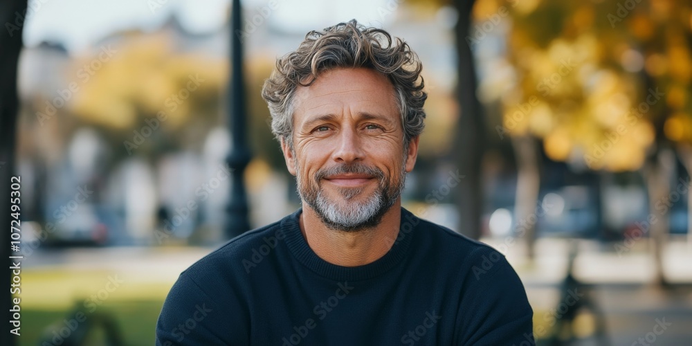 A mature man with a beard and wavy hair smiling warmly, sitting outdoors in a park setting with a softly blurred autumnal backdrop, creating a cozy vibe. A mature man with a beard and wavy hair smiling warmly, sitting outdoors in a park setting with a softly blurred autumnal backdrop, creating a cozy vibe.