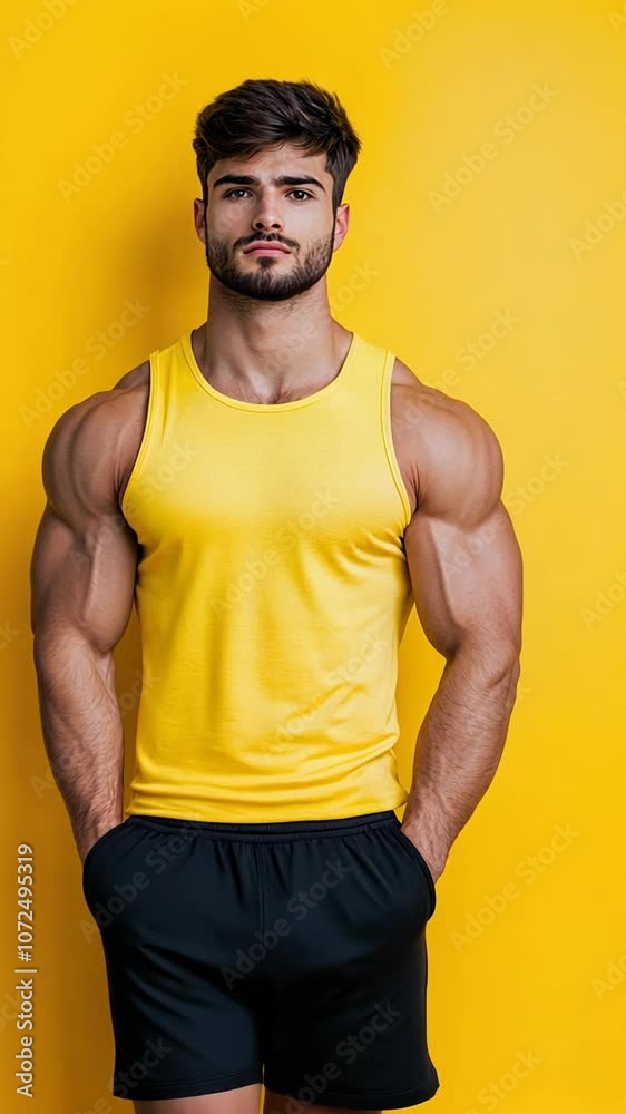 Muscular man in yellow tank top against a yellow background, fitness, summer fashion