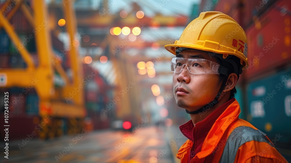 Worker overseeing container operations at a busy port during a rainy day Worker overseeing container operations at a busy port during a rainy day