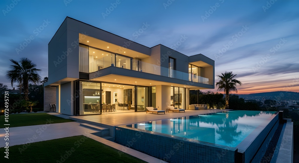 Modern house with pool, luxurious villa with swimming pool at dusk, Luxurious villa with a swimming pool and spacious patio, highlighting elegant and modern architectural design. Modern house with pool, luxurious villa with swimming pool at dusk, Luxurious villa with a swimming pool and spacious patio, highlighting elegant and modern architectural design.