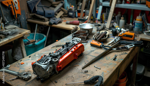 Repair of a petrol trimmer engine cylinder on a workshop table by a repairman