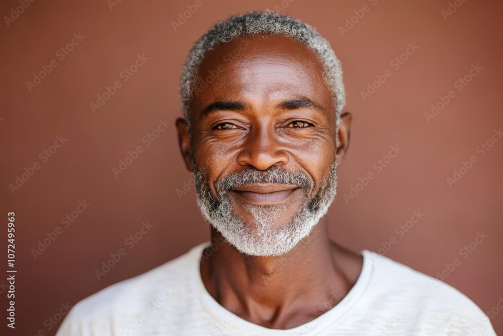 An elderly man with a serene smile stands in front of a deep brown wall, radiating wisdom and tranquility, capturing the essence of aged grace and dignity. An elderly man with a serene smile stands in front of a deep brown wall, radiating wisdom and tranquility, capturing the essence of aged grace and dignity.
