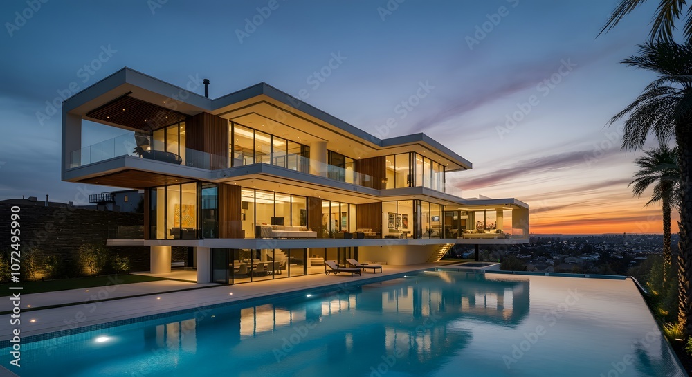 Modern house with pool, luxurious villa with swimming pool at dusk, Luxurious villa with a swimming pool and spacious patio, highlighting elegant and modern architectural design. Modern house with pool, luxurious villa with swimming pool at dusk, Luxurious villa with a swimming pool and spacious patio, highlighting elegant and modern architectural design.