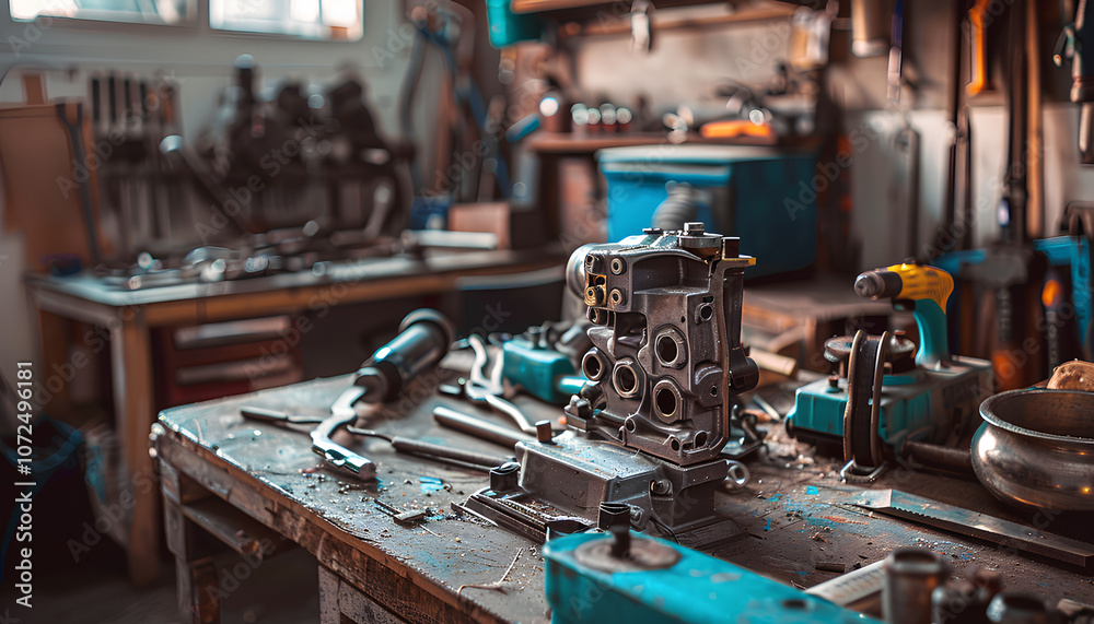 Repair of a petrol trimmer engine cylinder on a workshop table by a repairman Repair of a petrol trimmer engine cylinder on a workshop table by a repairman