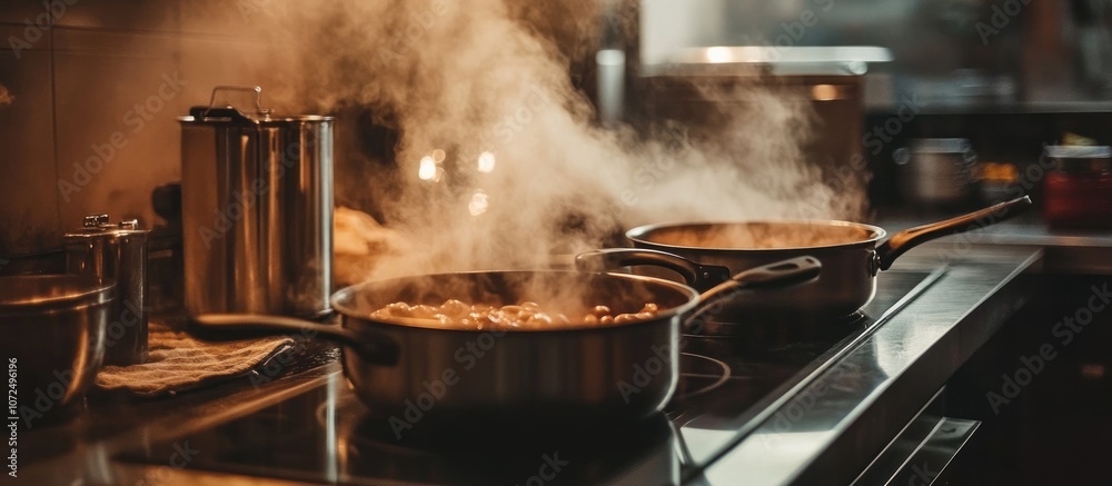 Two pots of food simmering on a stovetop, steam rising from both pots. Two pots of food simmering on a stovetop, steam rising from both pots.