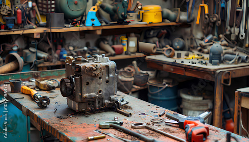 Repair of a petrol trimmer engine cylinder on a workshop table by a repairman