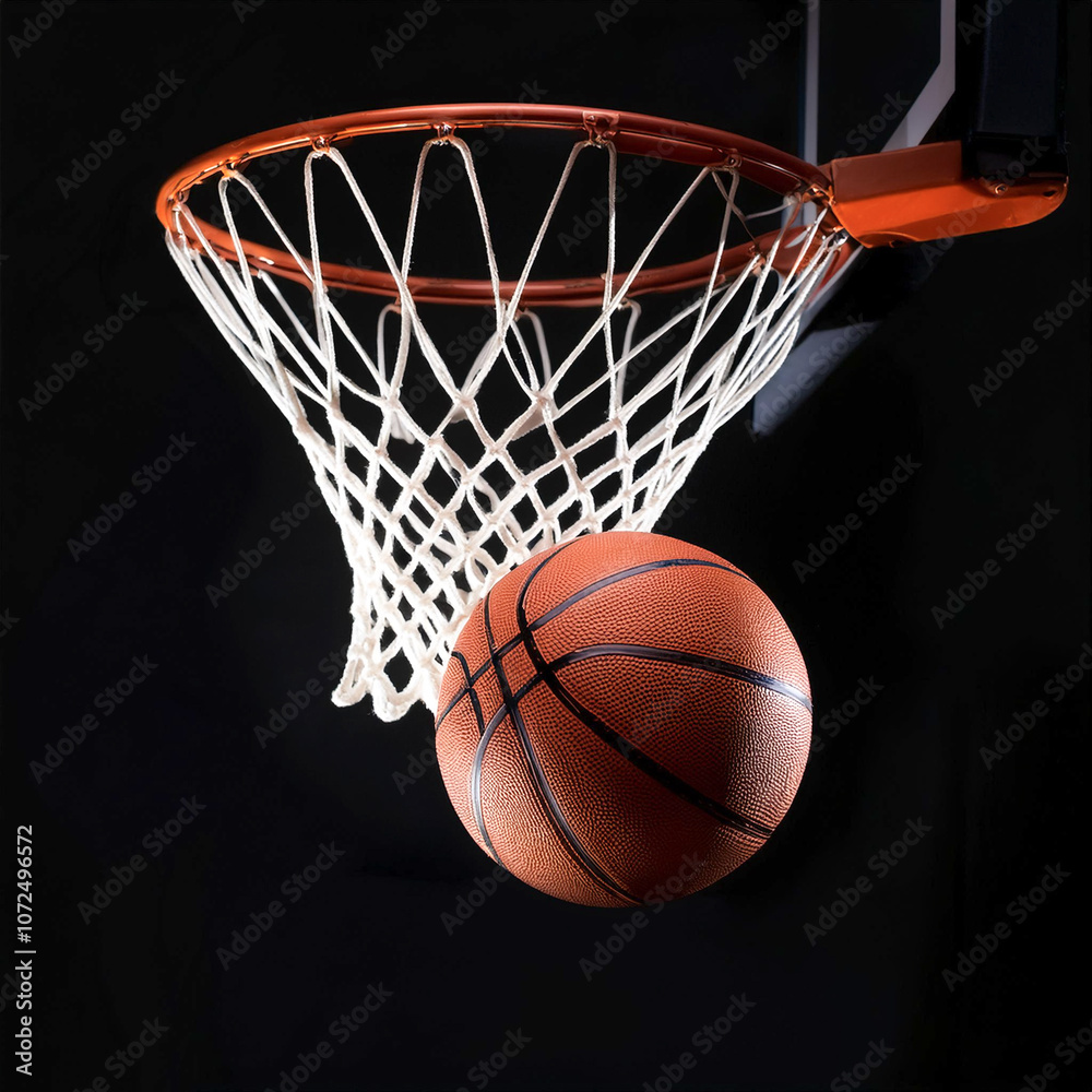 Basketball and Basketball Hoop floating or flying, isolated on a Dark black Basketball and Basketball Hoop floating or flying, isolated on a Dark black