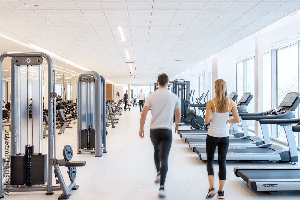 Fototapeta premium A modern gym with people exercising on treadmills and various fitness machines. The bright and airy space enhances the workout environment, promoting health and wellness.