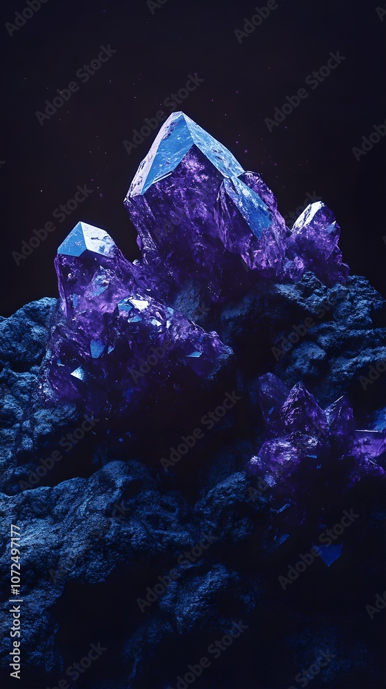 Obraz premium Purple crystals on dark rocky terrain background. Future Dusk — Color of the year 2025. Natural mineral, gemstone or amethyst. Geology and science. 3D render design