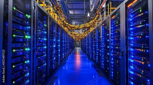 Server Room Interior with Rows of Blue Lighted Racks