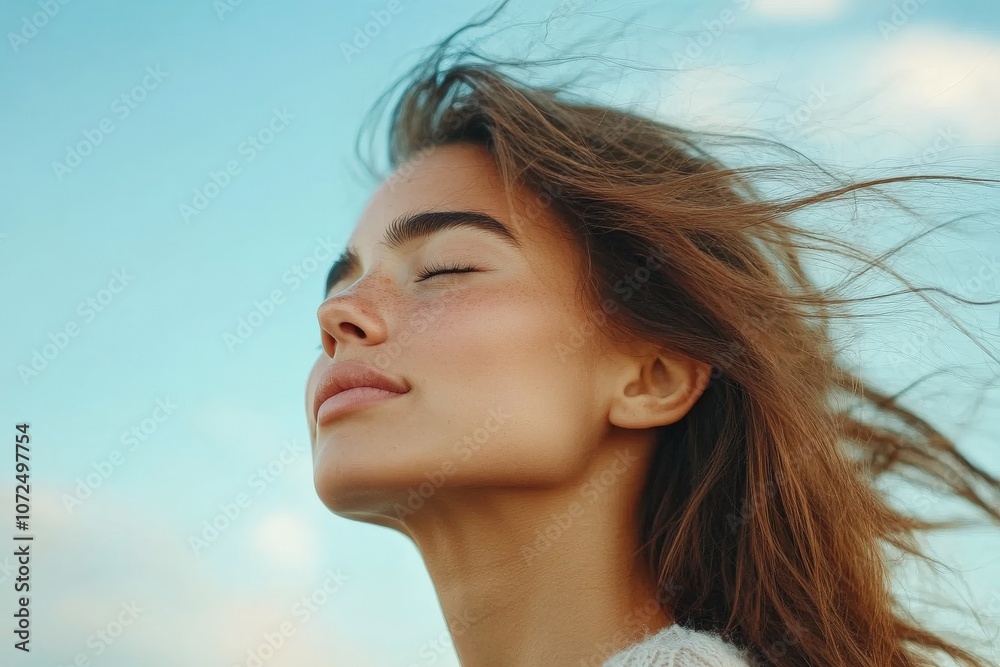 A serene woman embraces the gentle breeze outdoors with closed eyes, embodying tranquility and inner peace. Her relaxed expression suggests deep contentment and calm. A serene woman embraces the gentle breeze outdoors with closed eyes, embodying tranquility and inner peace. Her relaxed expression suggests deep contentment and calm.