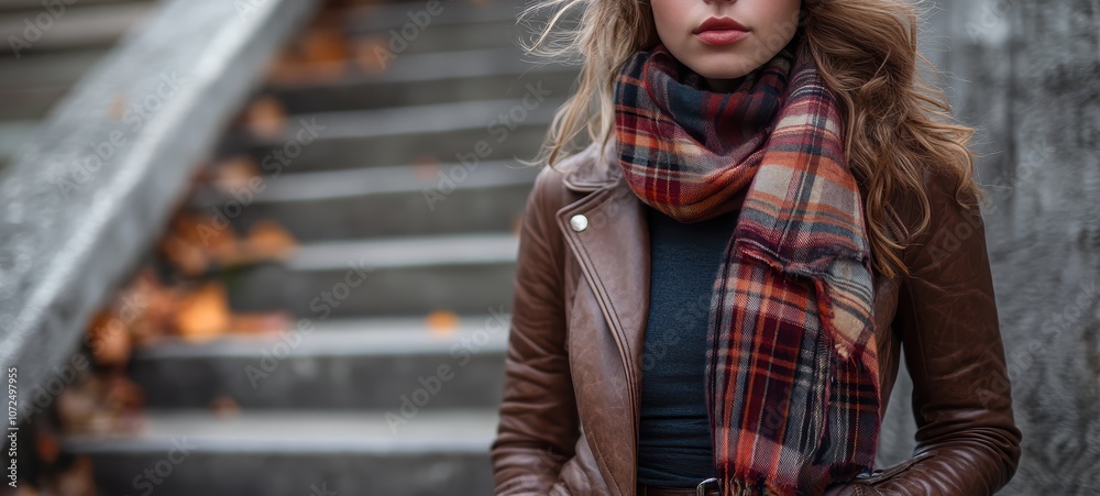Fototapeta premium A chic autumn look with a leather jacket, plaid scarf, and knee-high boots
