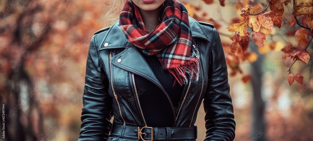 A chic autumn look with a leather jacket, plaid scarf, and knee-high boots A chic autumn look with a leather jacket, plaid scarf, and knee-high boots