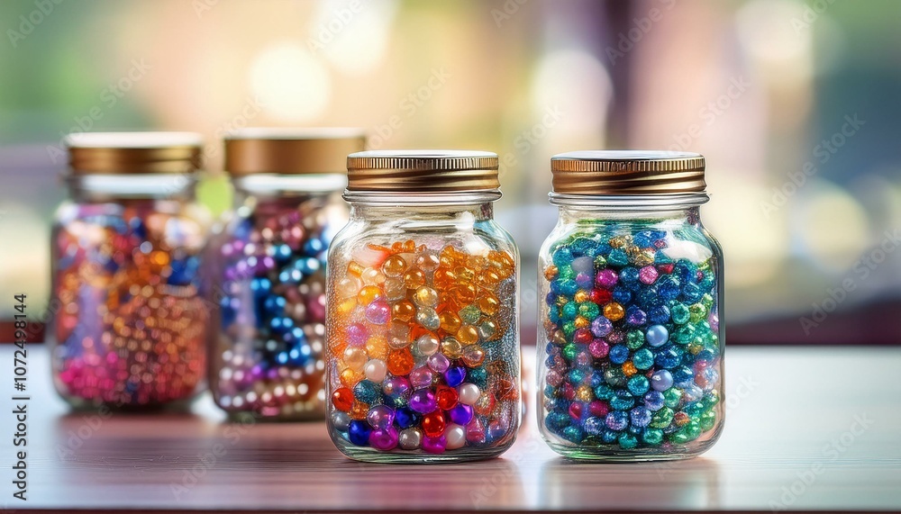 Colorful beads in glass jars Colorful beads in glass jars