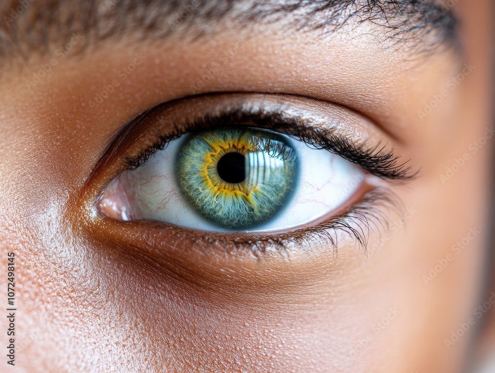 Obraz premium A close-up of a vibrant yellow-green eye showcasing intricate details and patterns within the iris, highlighting the beauty and complexity of human vision.