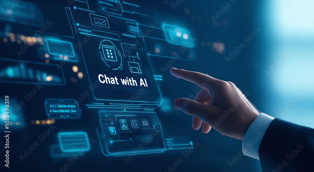 Closeup of a person interacting with a digital interface featuring 'Chat with AI'. The concept illustrates modern technology and artificial intelligence communication. Closeup of a person interacting with a digital interface featuring 'Chat with AI'. The concept illustrates modern technology and artificial intelligence communication.