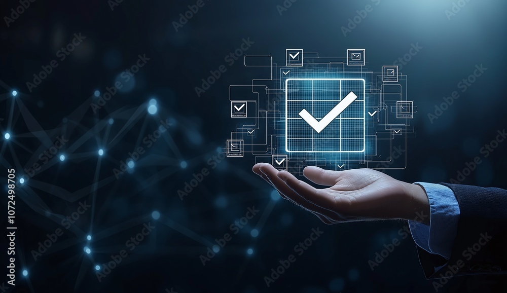 Digital approval concept with glowing checkmark icon floating above an open palm. Modern technology for business confirmation and validation processes.