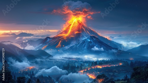 Majestic volcanic eruption pouring lava down the mountainside during twilight hours