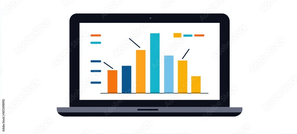 a laptop with a bar chart displayed on the screen, representing data analysis and digital business tools a laptop with a bar chart displayed on the screen, representing data analysis and digital business tools