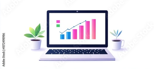 a laptop with a bar chart displayed on the screen, representing data analysis and digital business tools