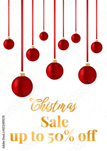 Christmas sale. New year sale. Merry Christmas and Happy New Year inscription in golden light and bright red Christmas tree balls. Christmas decorations. Template