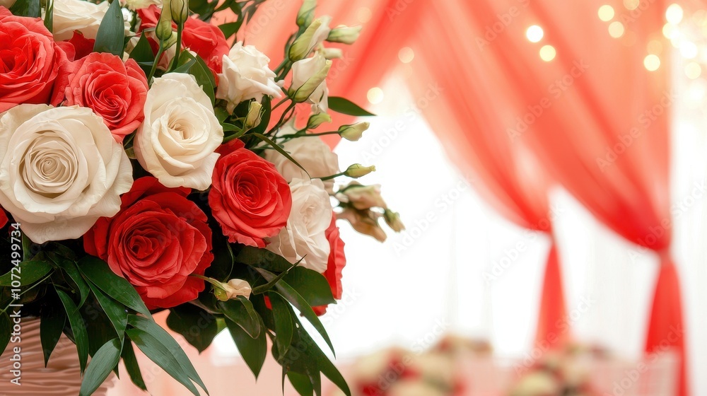 Obraz premium A vibrant floral arrangement featuring red and white roses, set against a soft, elegant backdrop, perfect for special occasions.
