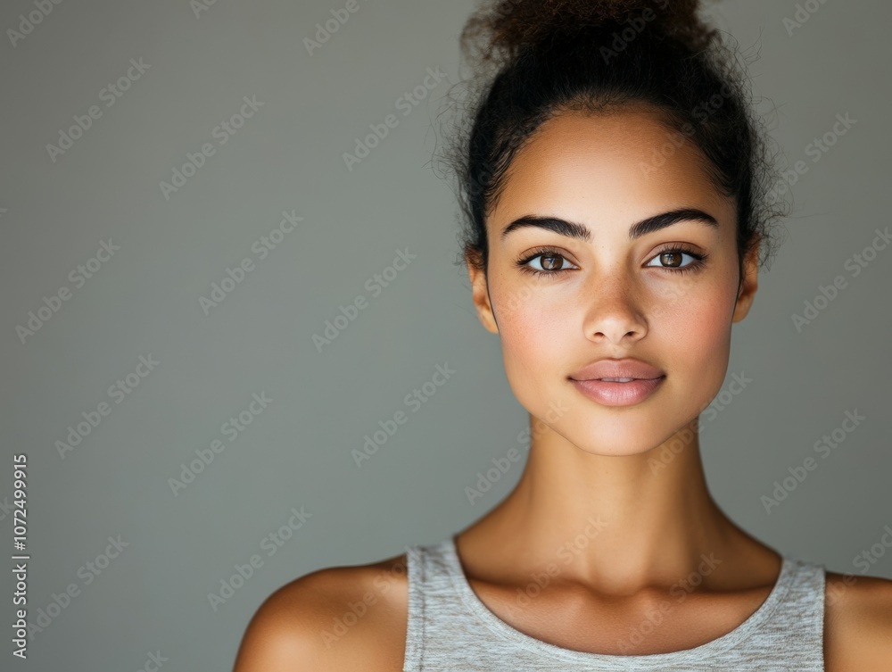 A young woman with natural beauty looks straight ahead with a serene expression. Her calm presence and captivating features convey grace and quiet confidence. A young woman with natural beauty looks straight ahead with a serene expression. Her calm presence and captivating features convey grace and quiet confidence.