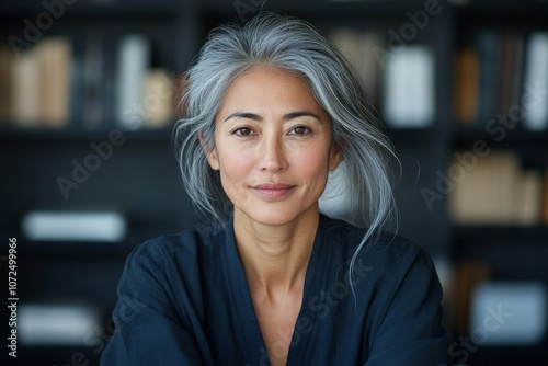 This portrait captures a smiling woman with gray hair in a library, conveying confidence and grace amidst a backdrop of books and knowledge.