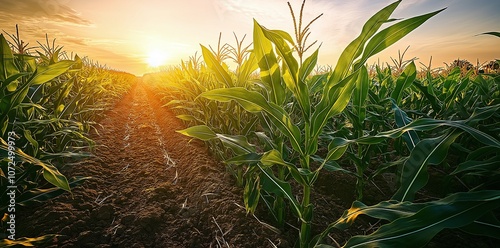 Golden sunlight bathes a lush cornfield at dawn, showcasing vibrant green leaves and fertile soil, symbolizing growth, nature, and agricultural bounty. photo