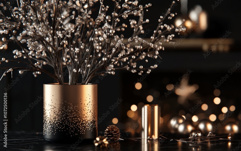 A stylish arrangement of decorative branches in a metallic vase, enhancing a cozy atmosphere. A stylish arrangement of decorative branches in a metallic vase, enhancing a cozy atmosphere.