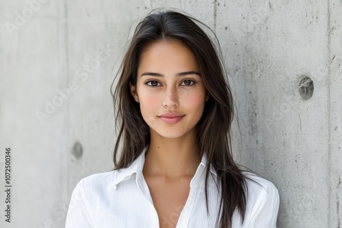 A young woman stands poised against a concrete wall, wearing a white shirt. Her expression is confident and serene, set in a minimalist urban setting, capturing elegance.