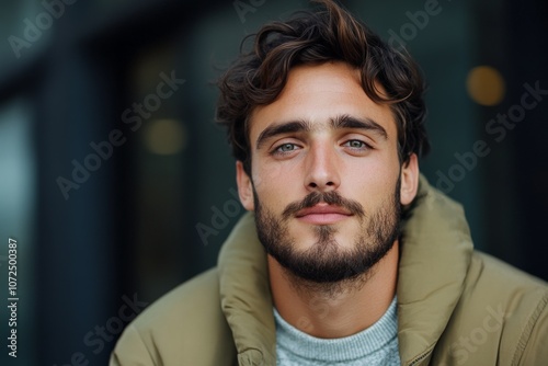 A handsome man with striking blue eyes and wavy hair looks at the camera, wearing casual attire with a calm and confident demeanor, outside an urban setting.