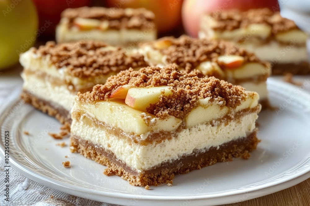 Apple Crumble Cheesecake Bars on White Plate Apple Crumble Cheesecake Bars on White Plate