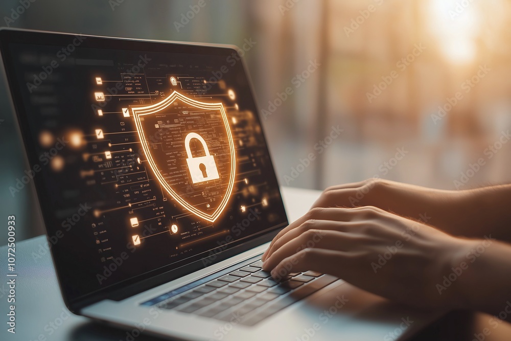 Person typing on a laptop with a glowing digital padlock symbol, representing online security and data protection in a high-tech environment.