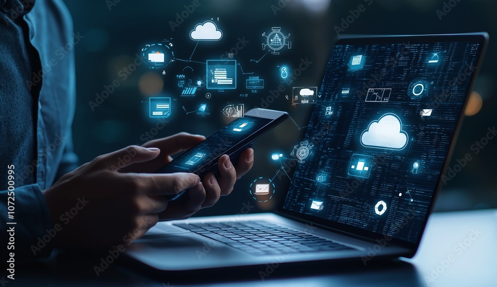 © Tondone - Person using smartphone and laptop with digital technology icons floating around, symbolizing connectivity and modern communication at night. © Tondone - Person using smartphone and laptop with digital technology icons floating around, symbolizing connectivity and modern communication at night.