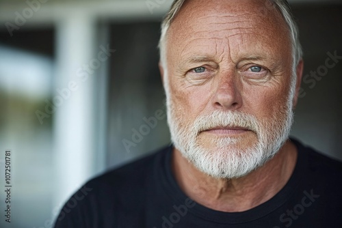 Portrait of a mature man with a gray beard staring intently at the camera, wearing a black shirt, exuding confidence and wisdom in a bright background setting.