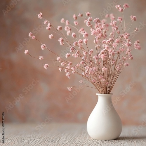 A pink ceramic diffuser featuring dried floral arrangements