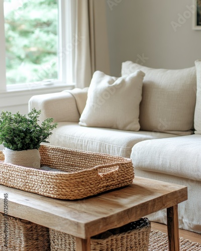 Living Room with Wood Coffee Table and Linen Sofa