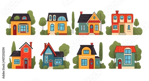 Modern House Designs for Every Style, Unique Home Illustrations Collection, Vibrant Architectural House Concepts, Minimalist House Designs with Greenery, Colorful Cartoon House Inspirations.