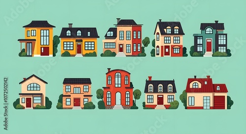 Modern House Designs for Every Style, Unique Home Illustrations Collection, Vibrant Architectural House Concepts, Minimalist House Designs with Greenery, Colorful Cartoon House Inspirations.