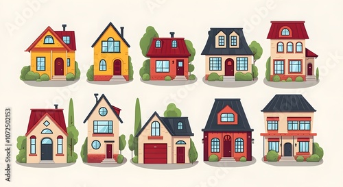 Modern House Designs for Every Style, Unique Home Illustrations Collection, Vibrant Architectural House Concepts, Minimalist House Designs with Greenery, Colorful Cartoon House Inspirations.
